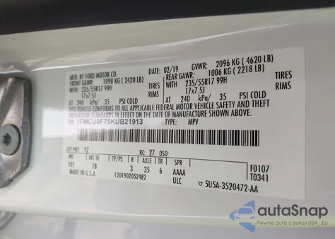 2019 Ford Escape S z USA, uszkodzony, nr VIN 1FMCU0F75KUB21913